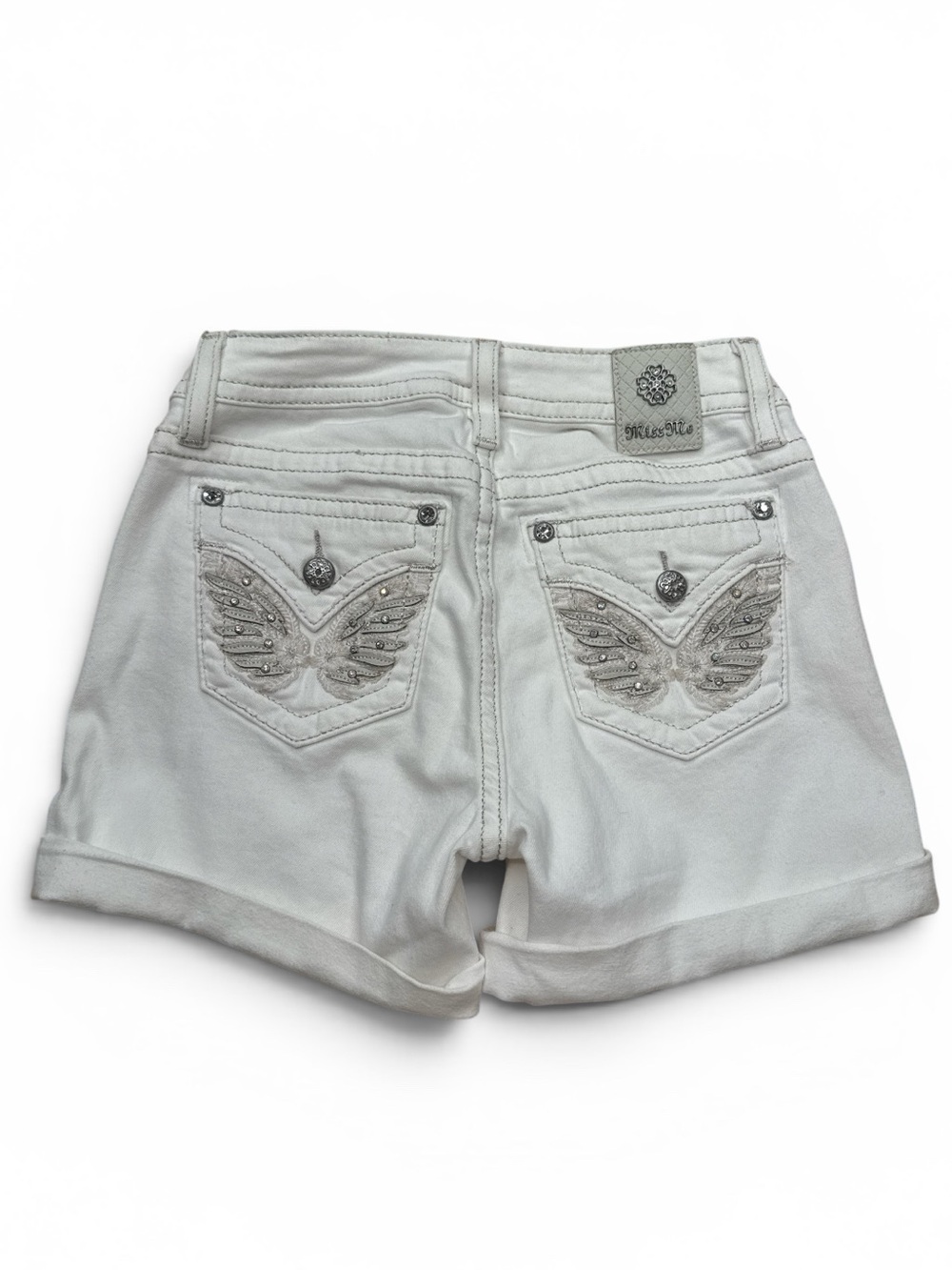 Miss Me Women's Mid-Rise Embellished White Wings Pocket Cuffed Shorts 28